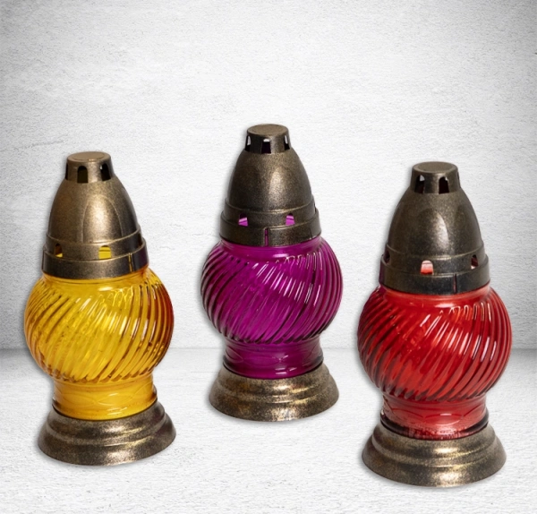 Лампада стеклянная Микс 2 Znicz (размер17х7,5, корпус шаровидный, колба цветное стекло, пластик Бронза, в упаковке 16 шт.) арт:2521