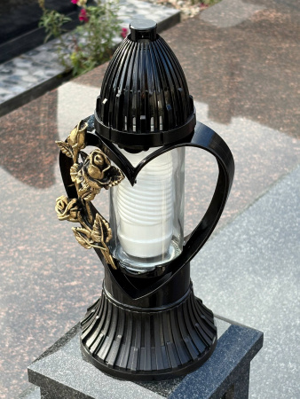 Лампада стеклянная, свеча вкладыш, 3D Сердце черная  (31*13*13, корпус фигурный, колба цилиндрическая прозрачное стекло, пластик черный, Роза золото) упаковка 5 шт. арт:1862