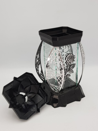 Лампада стеклянная Роза серебро KWIAT (размер 26х12х12, корпус прямоугольный, колба плоское прозрачное стекло, пластик черный, Роза серебро, в упаковке 6 шт.) арт:2513