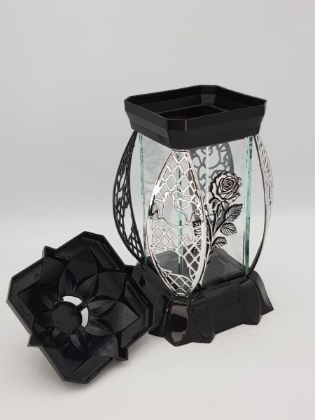 Лампада стеклянная Роза серебро KWIAT (размер 26х12х12, корпус прямоугольный, колба плоское прозрачное стекло, пластик черный, Роза серебро, в упаковке 6 шт.) арт:2513
