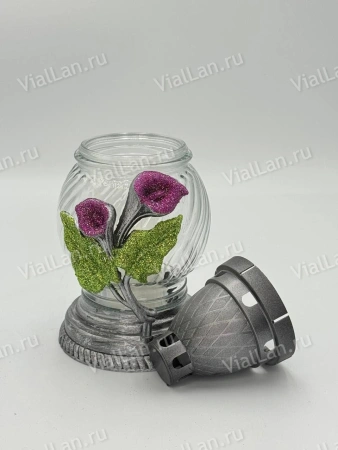 Лампада стеклянная Калла Фиолетовая (размер ""х""х"", корпус шаровидный, колба прозрачное стекло, пластик серебро, Калла фиолетовая, блестки, в упаковке 8 шт.) арт:2031