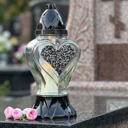 Лампада стеклянная, свеча вкладыш, Сердце блестки серебро Znicz (33*15*15 см, корпус Сердце, колба прозрачное стекло, пластик черный, Сердце, Блестки, цвет Серебро) упаковка 4 шт. арт:2566