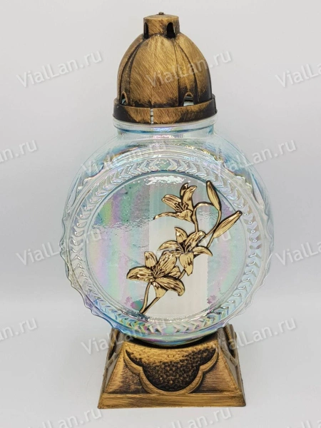 Лампада Стеклянная Лилия Ветка 440 (колба круглая, прозрачное стекло, пластик бронза, Лилия ветка золото, в упаковке 5 шт.) арт:2051