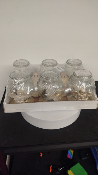 Лампада стеклянная Ангелок золото (размер 20х10, корпус шаровидный, колба прозрачное стекло, пластик белый, Ангел цвет золото, в упаковке 6 шт.) арт:2535