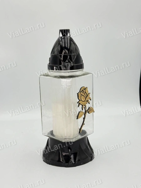 Лампада стеклянная Роза 2 Znicz (размер ""х""х"", корпус прямоугольный, колба прозрачное стекло, пластик черный, Роза золото, в упаковке 8 шт.) арт:2020
