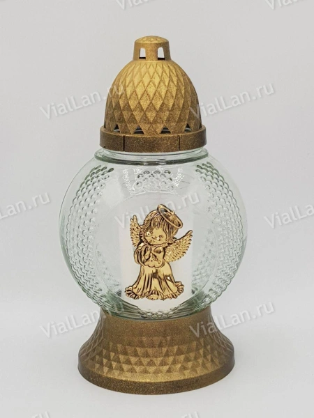Лампада стеклянная Шар Ангел (размер ""х""х"", корпус шаровидный, колба прозрачное стекло, пластик бронза, Ангел золото, в упаковке 6 шт.) арт:1968