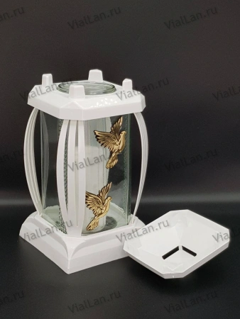 +Лампада стеклянная Голуби Prima 6 (25*12*12, корпус прямоугольный, колба прозрачное стекло, пластик белый, Голубь х2 золото, в упаковке 6 шт.) арт:1905