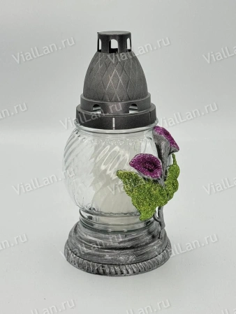 Лампада стеклянная Калла Фиолетовая (размер ""х""х"", корпус шаровидный, колба прозрачное стекло, пластик серебро, Калла фиолетовая, блестки, в упаковке 8 шт.) арт:2031