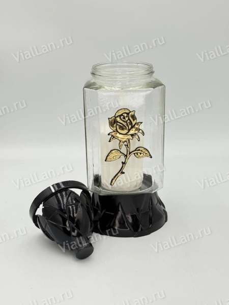 Лампада стеклянная Роза 2 Znicz (размер ""х""х"", корпус прямоугольный, колба прозрачное стекло, пластик черный, Роза золото, в упаковке 8 шт.) арт:2020