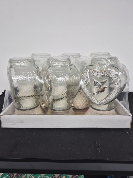 Лампада стеклянная Сердце белый Голубь золото (размер 28х11, корпус Сердце, колба прозрачное стекло, пластик белый, голубь белый, в упаковке 6 шт.) арт:2573