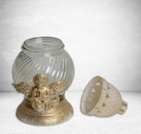 Лампада стеклянная Ангелок золото (размер 20х10, корпус шаровидный, колба прозрачное стекло, пластик белый, Ангел цвет золото, в упаковке 6 шт.) арт:2535