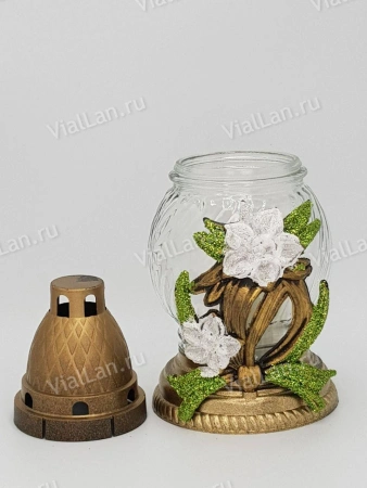 Лампада стеклянная Цветок Белый (размер ""х""х"", корпус шаровидный, колба прозрачное стекло, пластик бронза, Цветок белый, блестки, в упаковке 8 шт.) арт:1972