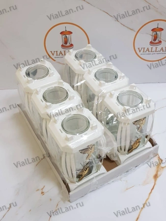 +Лампада стеклянная Голуби Prima 6 (25*12*12, корпус прямоугольный, колба прозрачное стекло, пластик белый, Голубь х2 золото, в упаковке 6 шт.) арт:1905