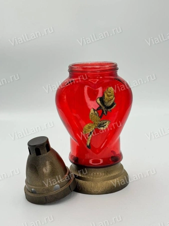 Лампада Стеклянная Сердце Роза красная (размер ""х""х"", корпус Сердце, колба красное стекло, пластик бронза, Роза золото, в упаковке 10 шт.) арт:2033