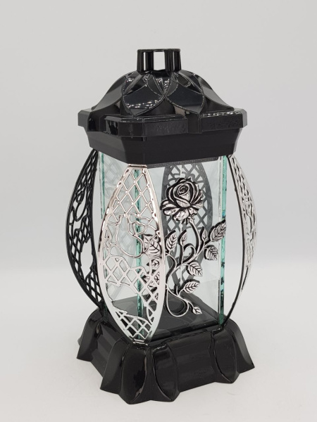 Лампада Пышная Роза серебро KWIAT(размер 26х12х12, корпус прямоугольный, колба плоское прозрачное стекло, пластик черный, Пышная Роза Серебро, в упаковке 6 шт. арт:2508