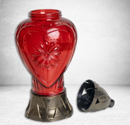 Лампада стеклянная Znicz Сердце Цветок (размер 30х11, корпус Сердце, колба красное стекло, пластик бронза, в упаковке 7 шт.) арт:2483