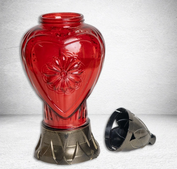 Лампада стеклянная Znicz Сердце Цветок (размер 30х11, корпус Сердце, колба красное стекло, пластик бронза, в упаковке 7 шт.) арт:2483