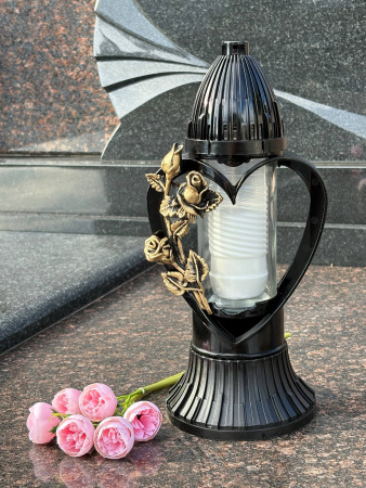 Лампада стеклянная, свеча вкладыш, 3D Сердце черная  (31*13*13, корпус фигурный, колба цилиндрическая прозрачное стекло, пластик черный, Роза золото) упаковка 5 шт. арт:1862