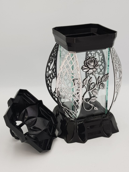 Лампада Пышная Роза серебро KWIAT(размер 26х12х12, корпус прямоугольный, колба плоское прозрачное стекло, пластик черный, Пышная Роза Серебро, в упаковке 6 шт. арт:2508