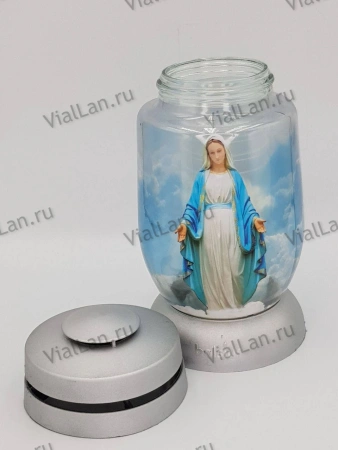 Лампада Стеклянная Мария Bolsius (размер 23*11 см, корпус цилиндрический, колба стекло, пластик серебро, принт Мария в упаковке 6 шт.) арт:2055