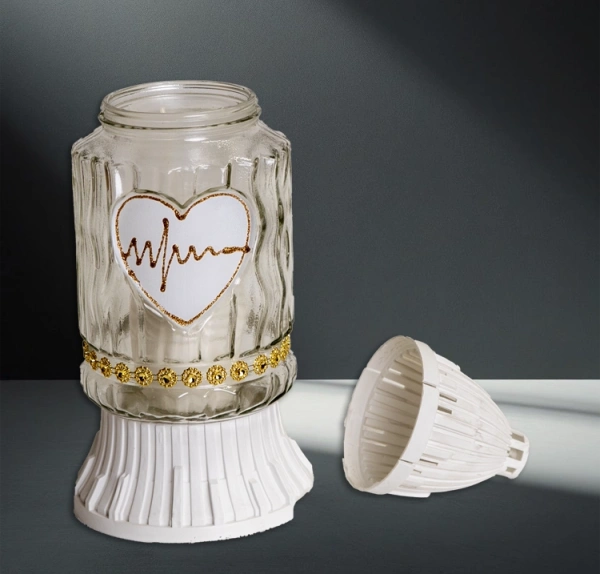 Лампада стеклянная Сердце Пульс Znicz (размер 26х11, корпус цилиндрический, колба прозрачное стекло, пластик белый, Сердце Пульс золото, в упаковке 8 шт.) арт:2478