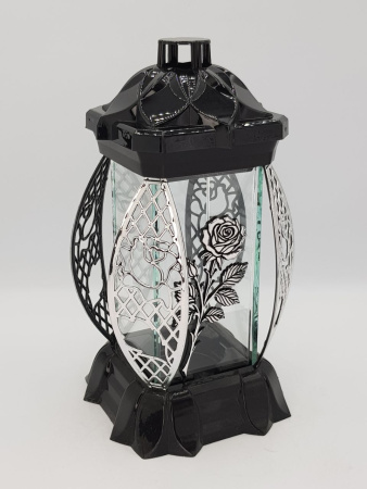 Лампада стеклянная Роза серебро KWIAT (размер 26х12х12, корпус прямоугольный, колба плоское прозрачное стекло, пластик черный, Роза серебро, в упаковке 6 шт.) арт:2513