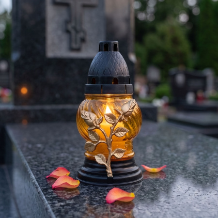 Лампада неугасаемая стеклянная с заливным парафином c накладкой цветок (17*8*8 см, пластик стекло, шар, цвет микс) упаковка 13 шт. арт:3011