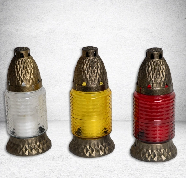 Лампада стеклянная Микс Znicz 1 (размер 18х7, корпус цилиндрический, колба цветное стекло, пластик Бронза, в упаковке 11 шт.) арт:2533