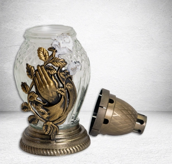 Лампада стеклянная Белая роза в руке (размер 24,5х10, корпус Овал, колба прозрачное стекло, пластик бронза, Белая Роза в руке бронза, в упаковке 6 шт.) арт:2489